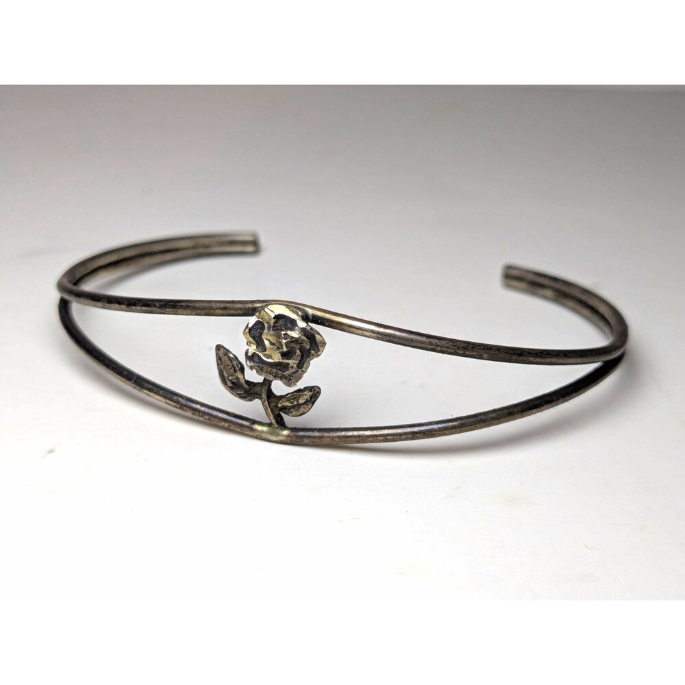 Vintage Sterling 925 Thin Cuff 3D Rose Adjustable